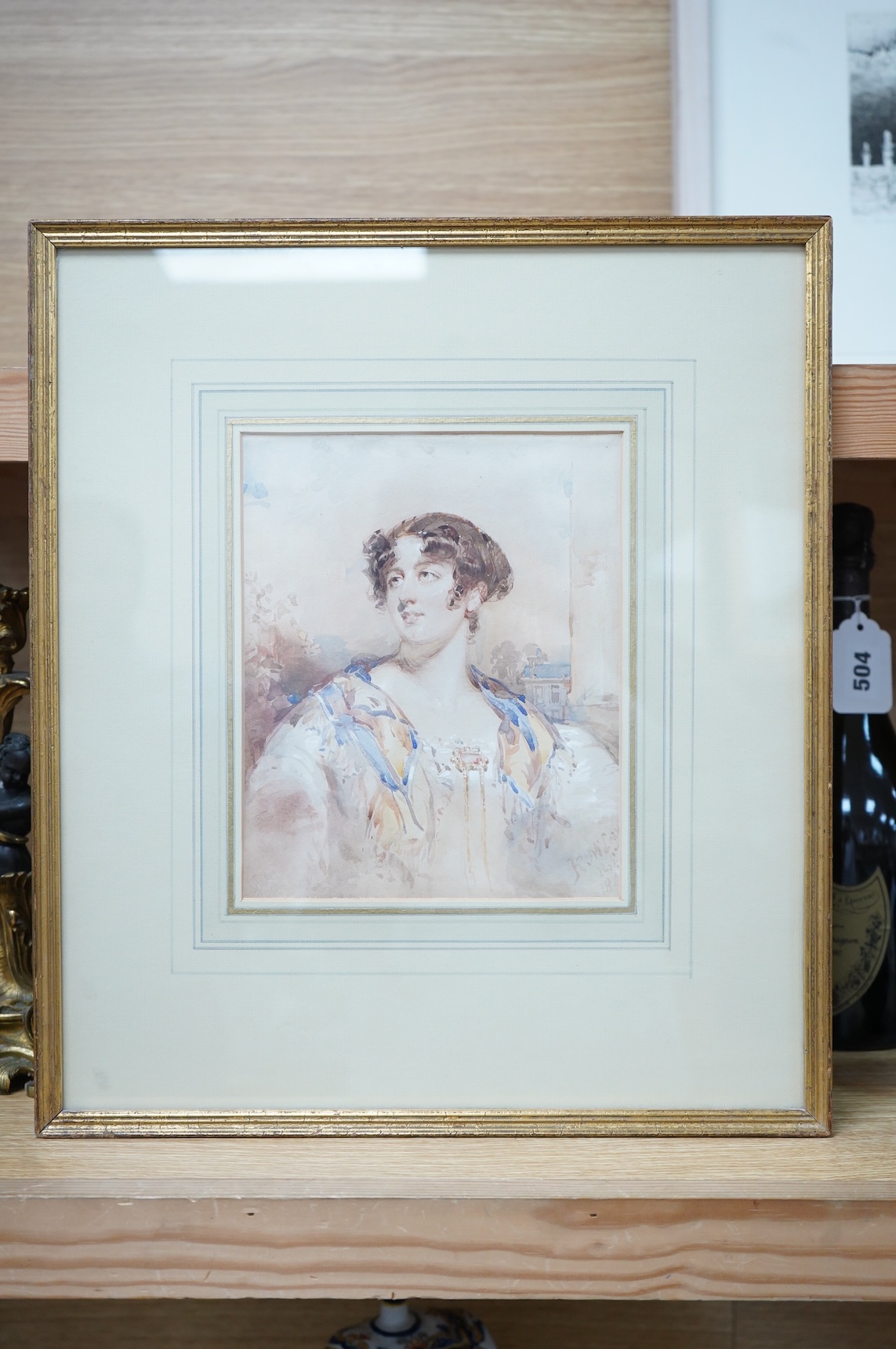 Kenneth Macleay RSA (Scottish, 1802-1878), Half length portrait of a young woman in a landscape setting, signed and dated 184?, watercolour heightened with white, 41 x 17cm